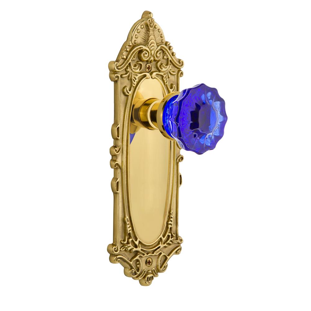 Nostalgic Warehouse VICCRC Colored Crystal Victorian Plate Passage Crystal Cobalt Glass Door Knob in Polished Brass
